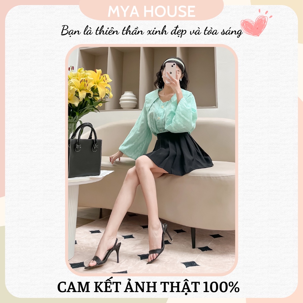 Áo sơmi xanh lá in hoạ tiết tay phồng cổ nhọn Lily shirt