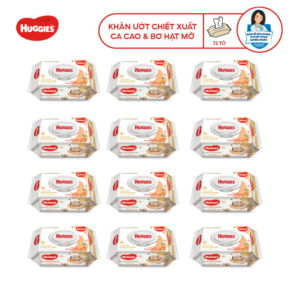 Ảnh Thùng 12 gói Khăn ướt Huggies chiết xuất Cao cao và Bơ hạt mỡ (72 miếng/gói) 3
