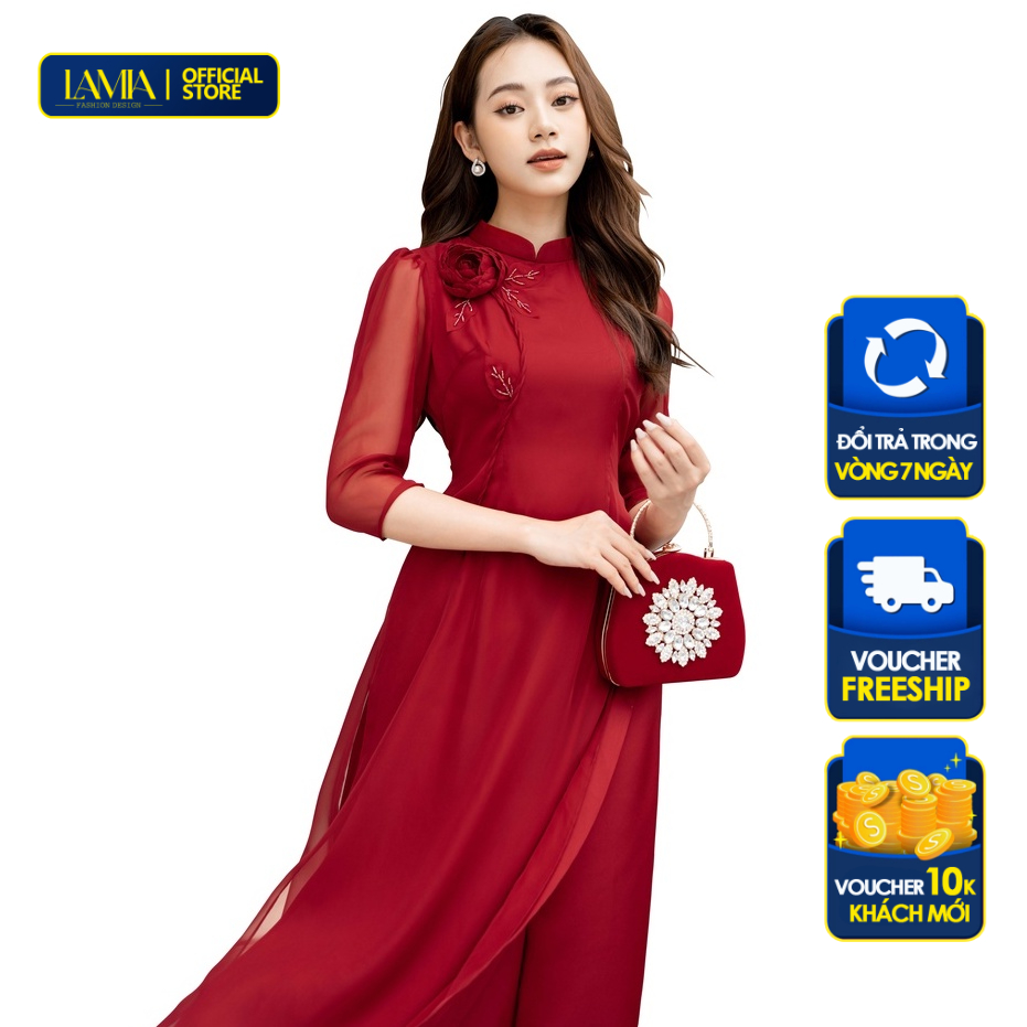 Áo dài tơ lụa AD069 Lamia Design màu đỏ phối hoa thêu thủ công tinh tế