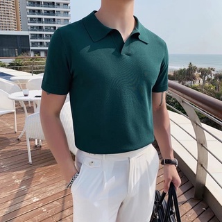 Hàn Quốc Nam Hàn Quốc Nhẹ Sang Trọng Cổ Chữ V Dệt Kim Ngắn Tay Áo Thể Thao Màu Trơn Thời Trang Ve Áo Cổ Lụa Nửa @