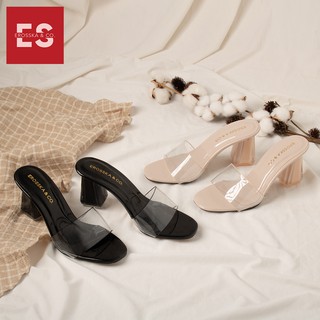 Dép mule cao gót quai trong Erosska mũi vuông gót trong cao 9cm màu đen _ EM040