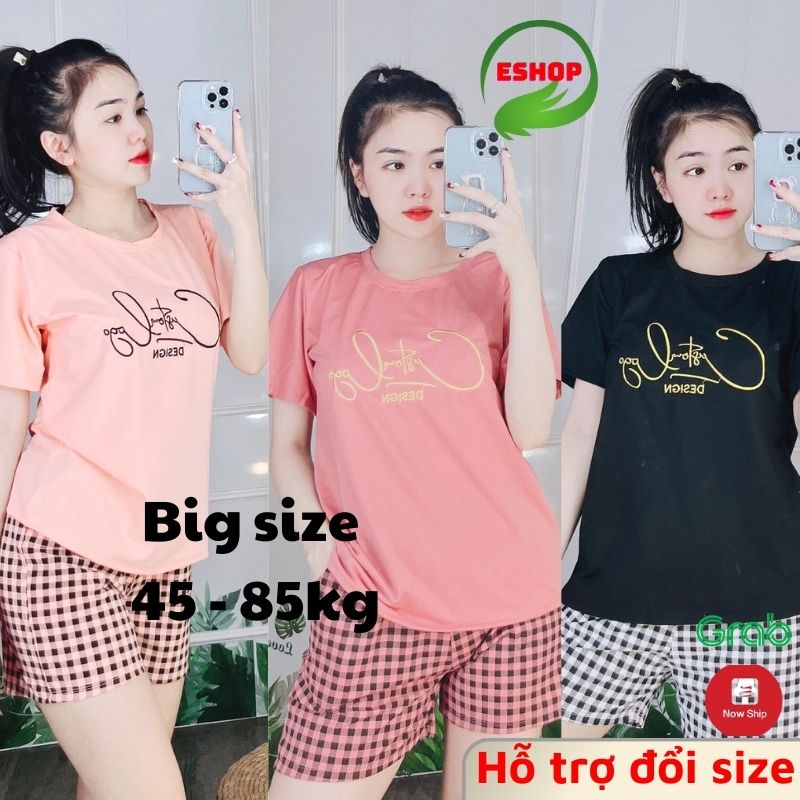 Đồ bộ nữ đồ mặc nhà Bigsize thun cotton chữ thêu quần đùi carô co giãn Sét đồ bộ nữ dễ thương trung niên ESHOP DB19