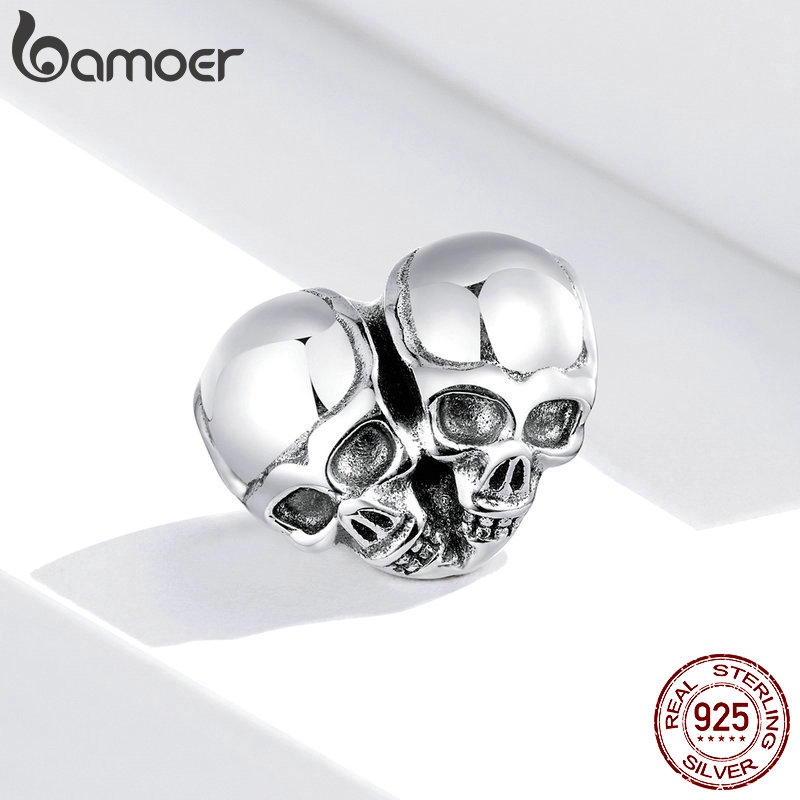 Hạt charm BAMOER SCC1519 bằng bạc 925 hình trái tim kiểu đầu lâu phong cách punk thời trang cá tính