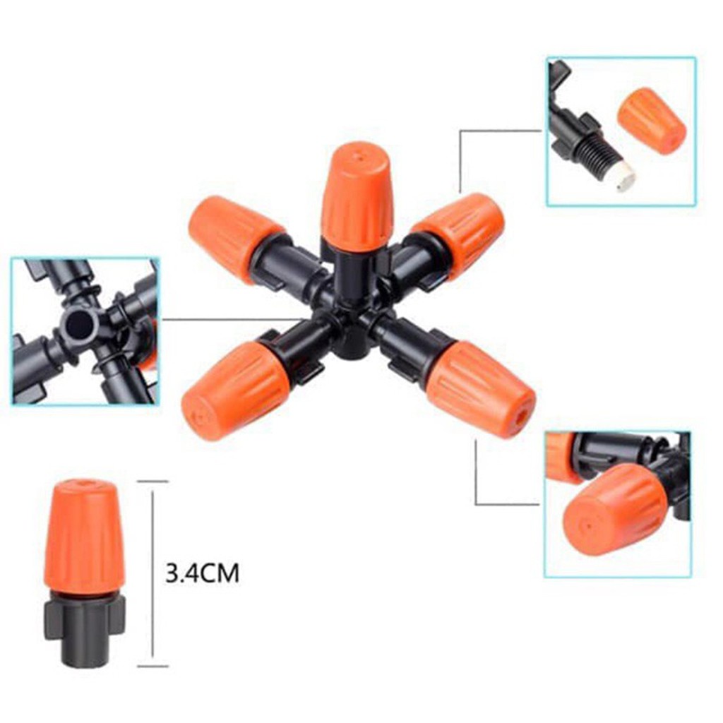 Combo 10 Béc phun sương 5 hướng màu cam cao cấp có van chống rỉ nước kèm chân T ống 8mm- Tưới Phun Sương