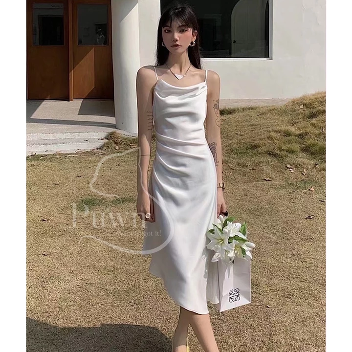 Váy lụa hai dây vạt chéo xếp li eo dự tiệc, prom quyến rũ, bí ẩn, sexy - Puwn Pơ🥑