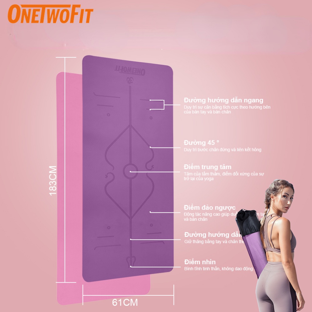 OneTwoFit Thảm Tập Yoga, Thảm Yoga Định Tuyến TPE cao cấp 8mm 2 lớp tặng kèm túi đựng-thảm tập yoga chống trượt
