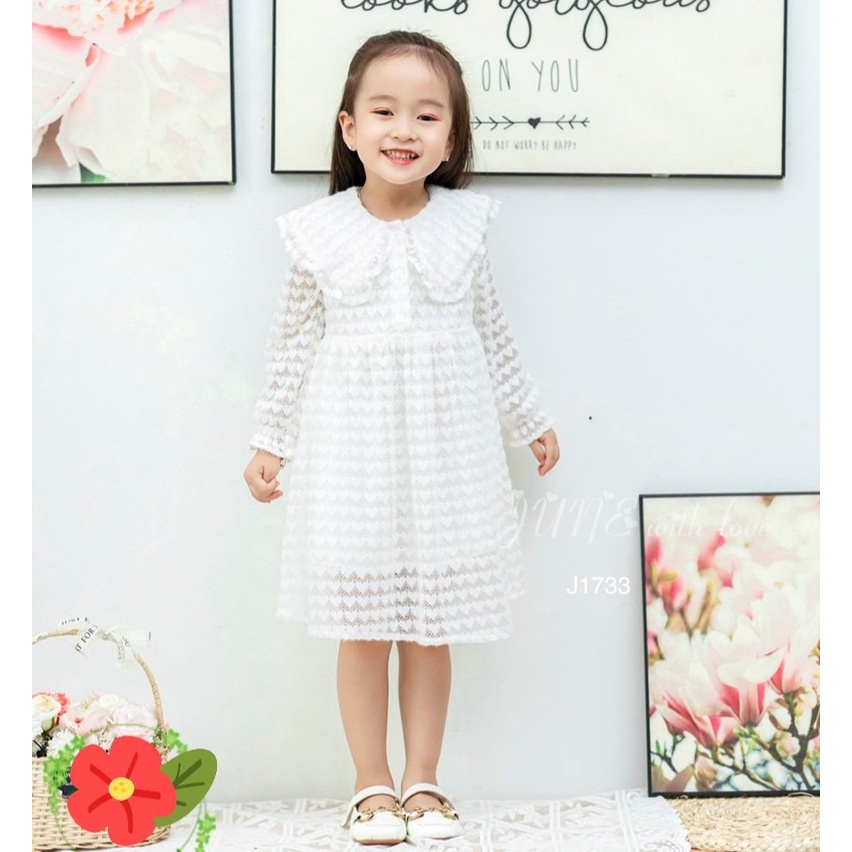 Váy Đầm Trắng dài tay Cao Cấp Cho Bé Gái Dự Tiệc Thôi Nôi Cưới Quà Sinh Nhật 1-10Tuổi Ren Trắng Vân Tim Siêu Mềm Lót Lụa