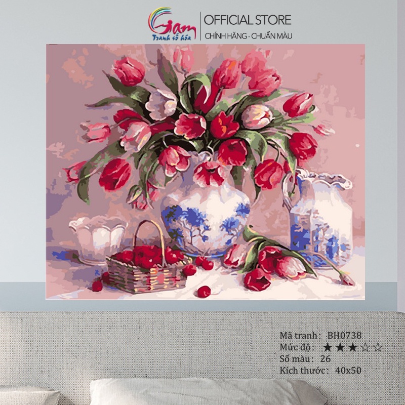 Tranh số hoá tự tô màu GAM hoa tulip trang trí treo tường đã căng khung ...
