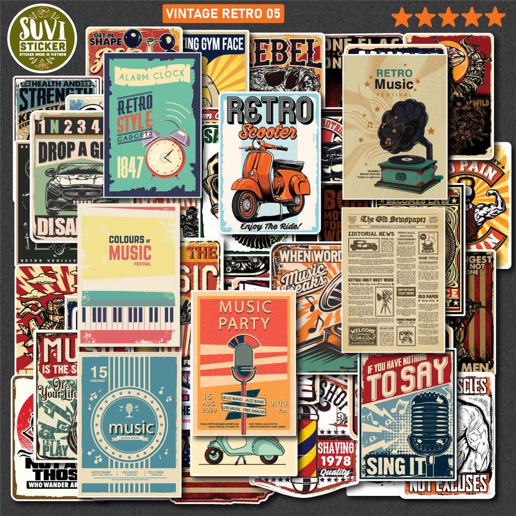 50 Sticker Vintage Retro 5 chống nước sticker dán laptop, điện thoại ...