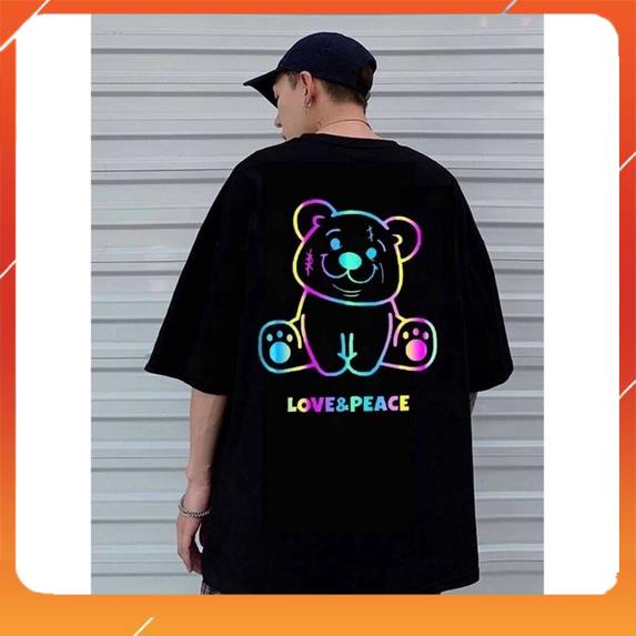 Áo thun tay lỡ phản quang phông Unisex nam nữ Cotton oversize đến 75Kg form rộng hình gấu Love & Peace AP 876