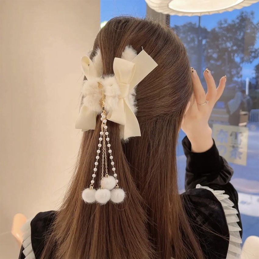 Mô tả Kẹp tóc nữ hình nơ Laboon phối lông nhung đính dây tua rua xinh xắn phong cách Hàn Quốc - 2