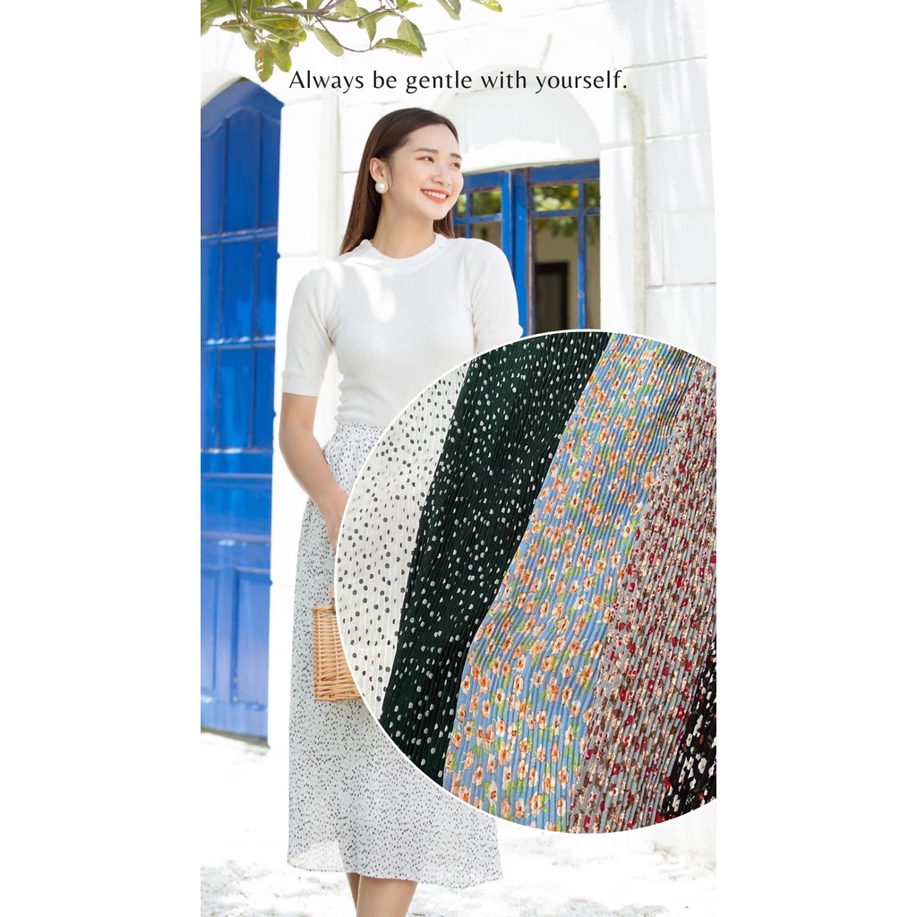 [Mã BMLT35 giảm đến 35K đơn 99K] Chân Váy Xếp Ly Hoa Nhí Nhuyễn The Kat House lưng thun, dáng dài, thanh lịch, nhẹ nhàng