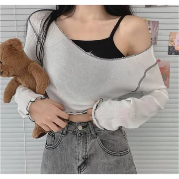 💓💓 [HOT TREND]Set Áo Dài Tay Kèm Áo Croptop 2 Dây , Áo Thun Giấy Viền Bèo Kèm Áo Ngắn B014