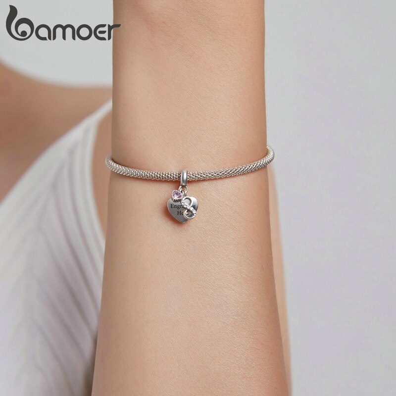Mặt dây chuyền Bamoer SCC1922 bạc 925 có họa tiết chữ trên trái tim trang trí dây chuyền thủ công thời trang