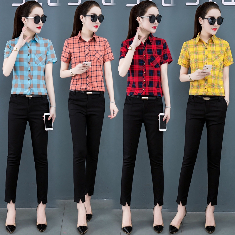 Áo Sơ Mi Kẻ Sọc Đỏ Vàng Nữ Tay Ngắn Áo Sơ Mi Nữ Đáy Top