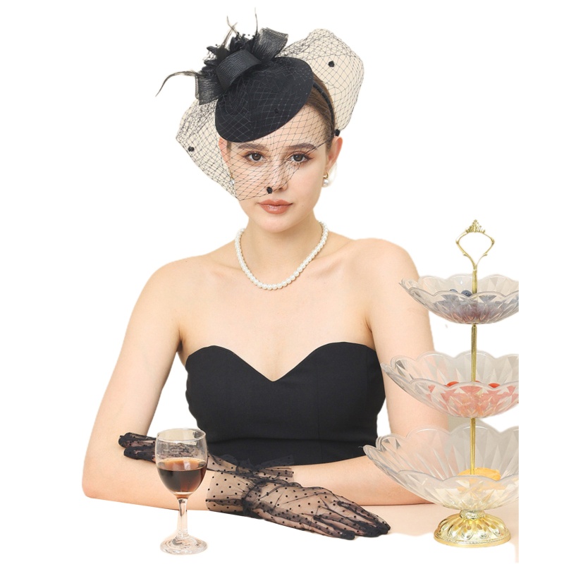 Coo 2 Chiếc Nữ Hoàng Gia Sợi Veil Mũ Cưới Cocktail Tiệc Lưới Găng Tay Nữ Mạng Lưới Lông Mũ Đảng Fedora Cap