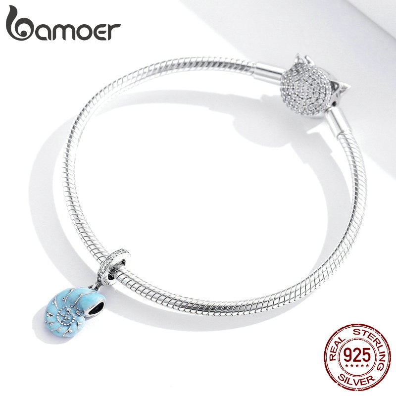 Mặt trang sức Bamoer SCC1560 bằng bạc 925 hình ốc xà cừ màu xanh dương dùng làm vòng tay dễ thương cho nữ