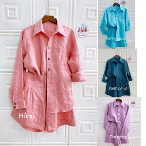 S08. Set LINEN TƯNG PREMIUM Áo somi tay dài + short, Fullsize. NHIỀU MÀU.