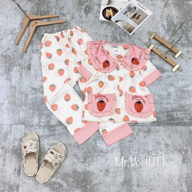 Bộ đồ Pijama lụa💖Bộ lụa tay cộc quần dài hoạ tiết mát lịm