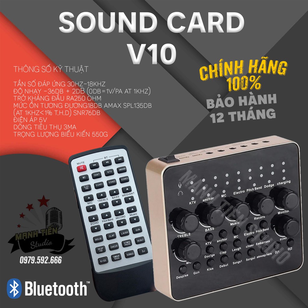 Sound Card V10 Sound Card Thu Âm, Live Stream, Karaoke, Có Bluetooth