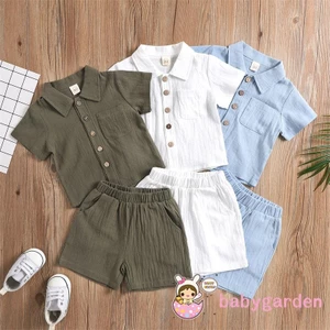 BABYGARDEN-6Months-4Years Trang phục bé trai, Mùa hè mùa thu màu trơn Ve áo ngắn tay một ngực + Quần Short