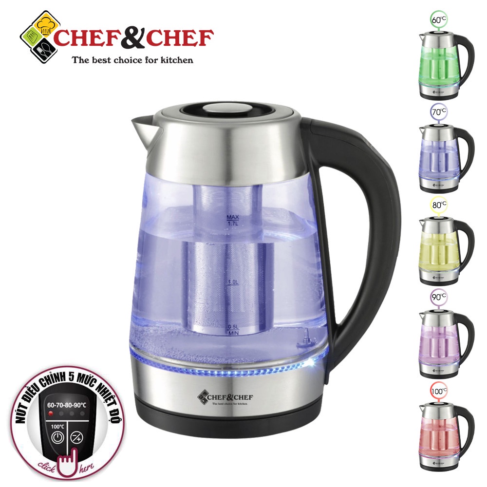 Ảnh Ấm Siêu Tốc Thủy Tinh CHEF&CHEF CH1703D – Điều Khiển Nhiệt Độ,Đổi Màu Khi Đun, Sang Trọng & Tiện Lợi 2