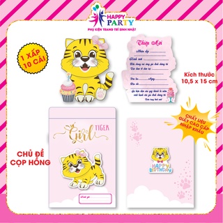 Thiệp sinh nhật, thiệp mời thôi nôi cao cấp cho bé gái HAPPY PARTY giấy nhập khẩu cao cấp kt 10.5 x 15 cm