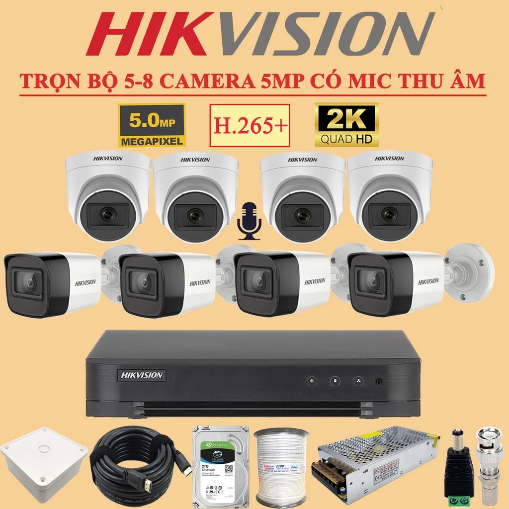 [ CAMERA 5MP MIC thu âm ] Trọn Bộ Camera 8 Mắt Hikvision 5MP 2560 x 1944 bảo hành 24 tháng (FULL PHỤ KIỆN LẮP ĐẶT)