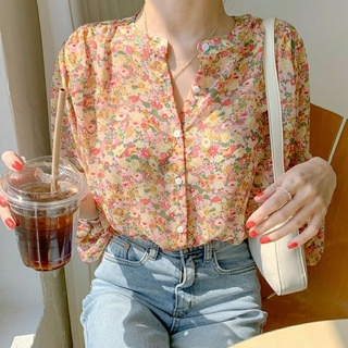 Áo Sơ Mi Voan Hoa Tay Dài Dáng Rộng Phong Cách Hàn Quốc baju baju wanita Lenjang panjang