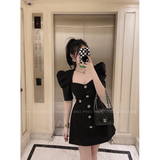 Váy Đen Cổ Vuông Tay Rúm Khuy Ngọc Sang Chảnh