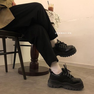 [Có sẵn size nam nữ] ANGEL LEATHER SNEAKERS - GIÀY THỂ THAO MÓC DÂY MÀU ĐEN đế 5cm Kawaii Viet Nam (Ảnh thật tự chụp)
