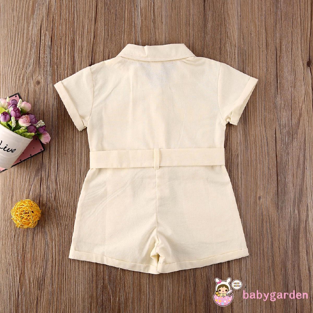 Bộ áo liền quần ngắn tay màu trơn có túi kèm thắt lưng xinh xắn cho bé 1-6 tuổi