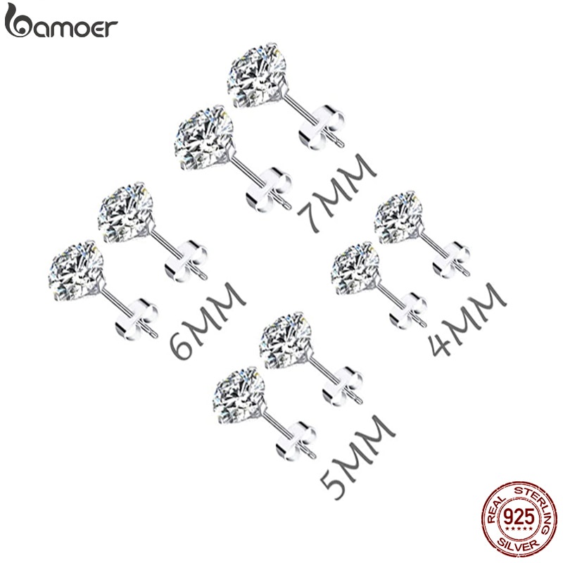 Đôi bông tai tròn BAMOER bạc 925 đính đá zircon 4mm 5mm 6mm 7mm thời trang cho nữ