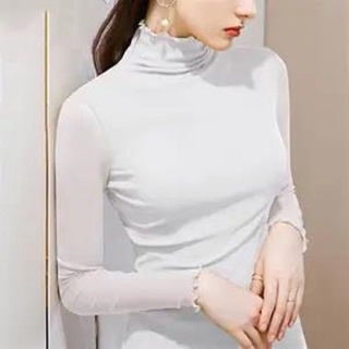 Áo Kiểu Tay Dài Cổ Lọ Phối Lưới Chất Liệu Co Giãn Thoải Mái