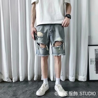 Quần Short Denim Mùa Hè Màu Sắc Ánh Sáng Beggar Rách Quần Short Denim Nam Phiên Bản Hàn Quốc Rời Phù Hợp Với Quần Giữa Phong Cách Hồng Kông Dạo Phố Quần Giữa Quần Jeans Denim
