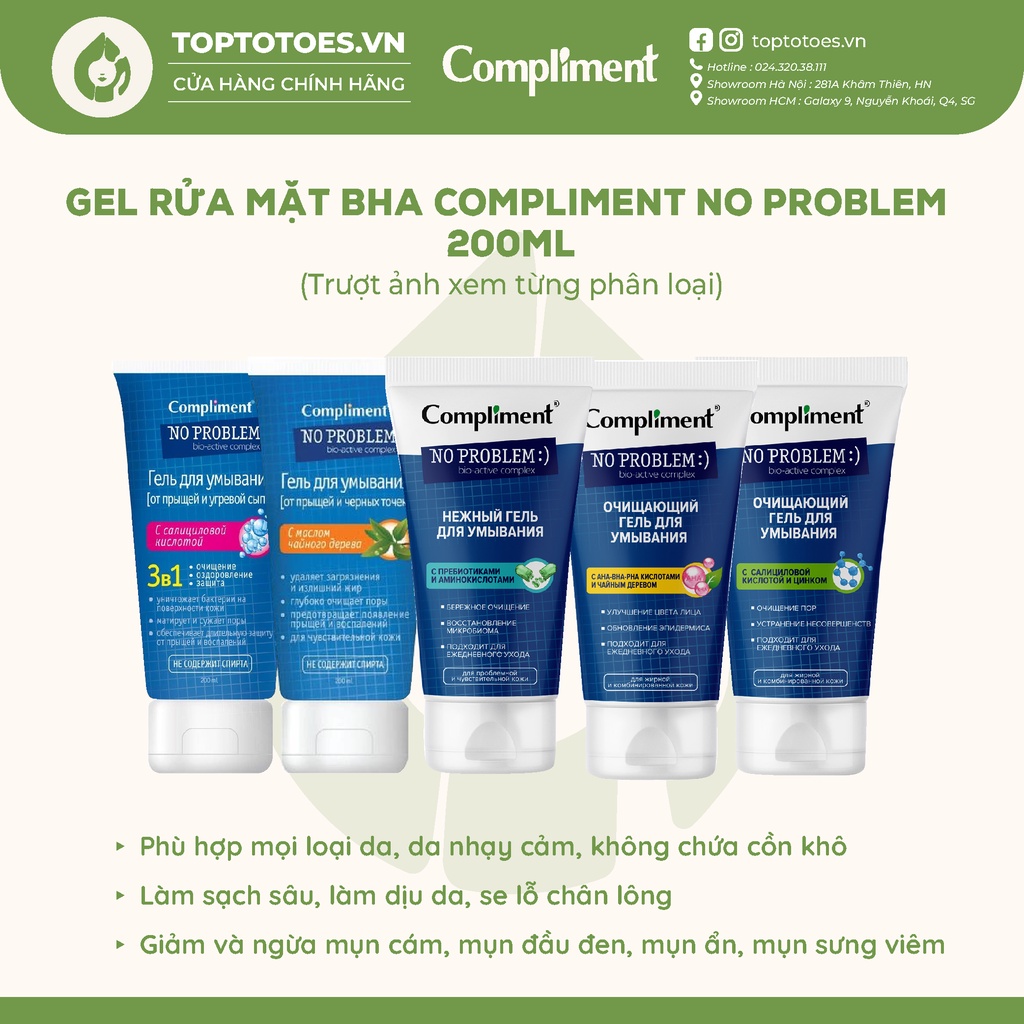 Gel rửa mặt BHA Compliment No Problem làm sạch sâu, giảm viêm & mụn 200ml