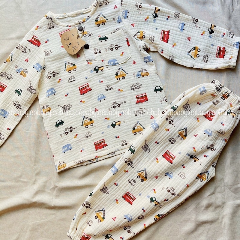 Bộ ngủ dài vải xô muslin họa tiết xinh cho bé trai bé gái
