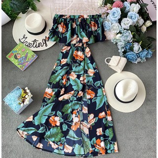 Đầm maxi Trễ Vai Chất chiffon Hoạ Tiết Hoa Phong Cách Bohomian