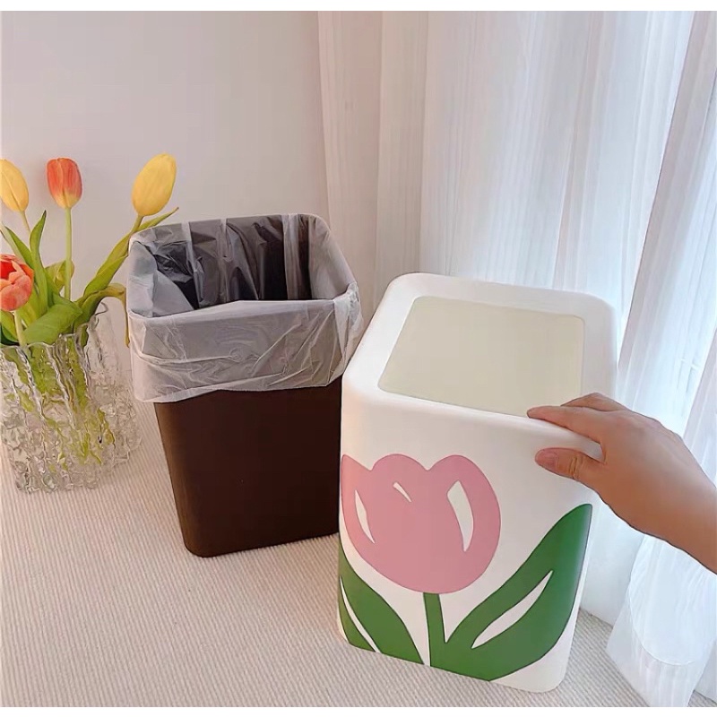 Thùng rác 2 lớp hoa tulip sáng tạo