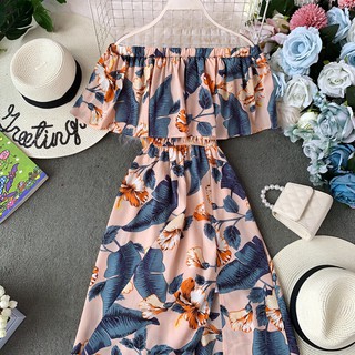 Đầm maxi Trễ Vai Chất chiffon Hoạ Tiết Hoa Phong Cách Bohomian