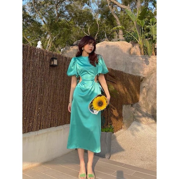 Đầm Xanh Hở Eo Phong Cách Hàn Quốc Du Lịch
