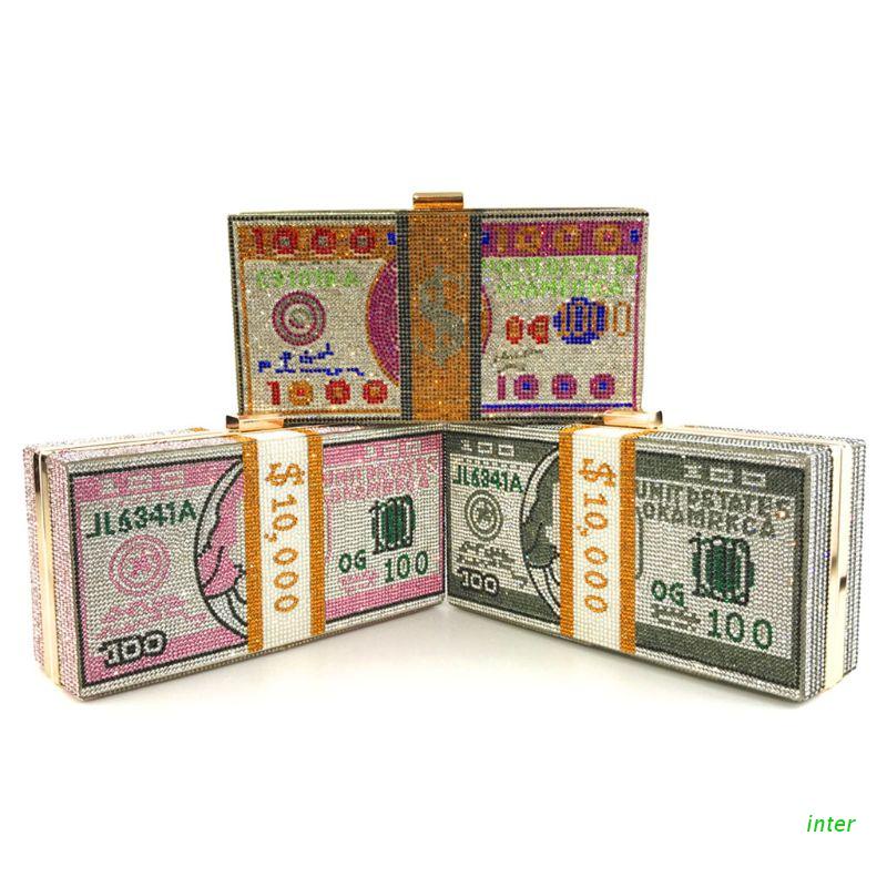 Money Clutch for Rhinestone Purse 10000 Dollars Stack of Cash Evening Handbags