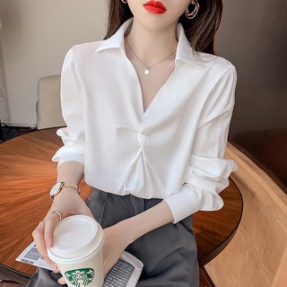 Phiên Bản Hàn Quốc Áo Sơ Mi Voan Thời Trang Nữ Tay Dài Màu Trơn Xếp Ly Top Thời Trang Đáy Áo Sơ Mi
