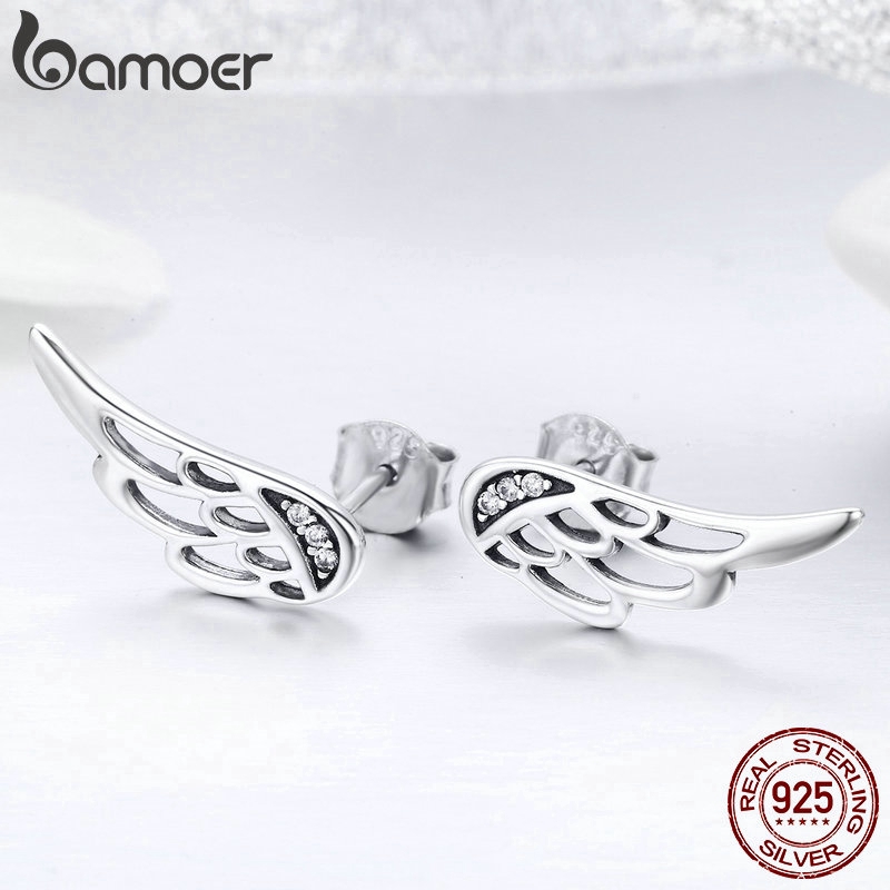 Bamoer Bông Tai bạc 925 Hình Lông Vũ Thời Trang