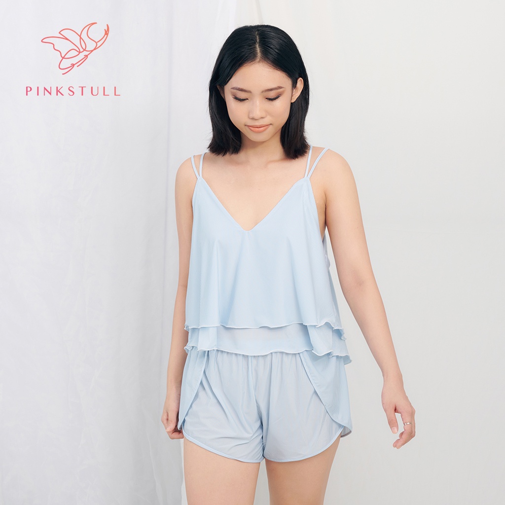 Pink Stull Bộ đồ ngủ nữ hai dây ngắn thun lụa sọc xanh trắng