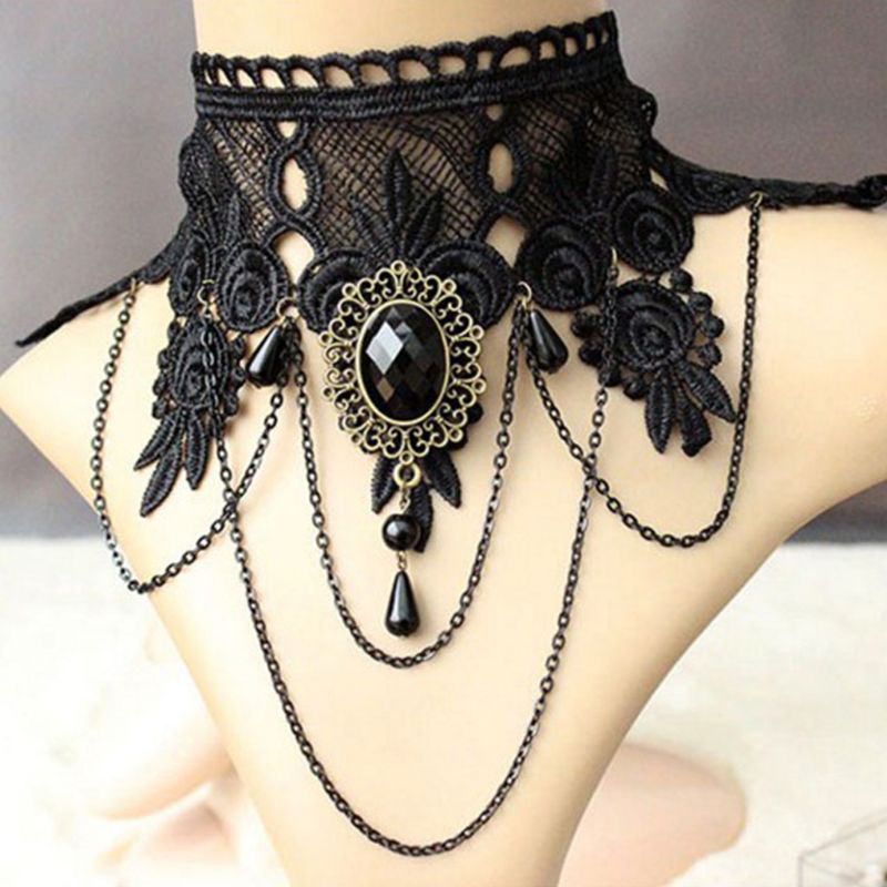 Dasbsug Gothic Pha Lê Đen Ren Cổ Choker Hip Hop Cổ Vòng Cổ Xương Đòn Dây Chuyền