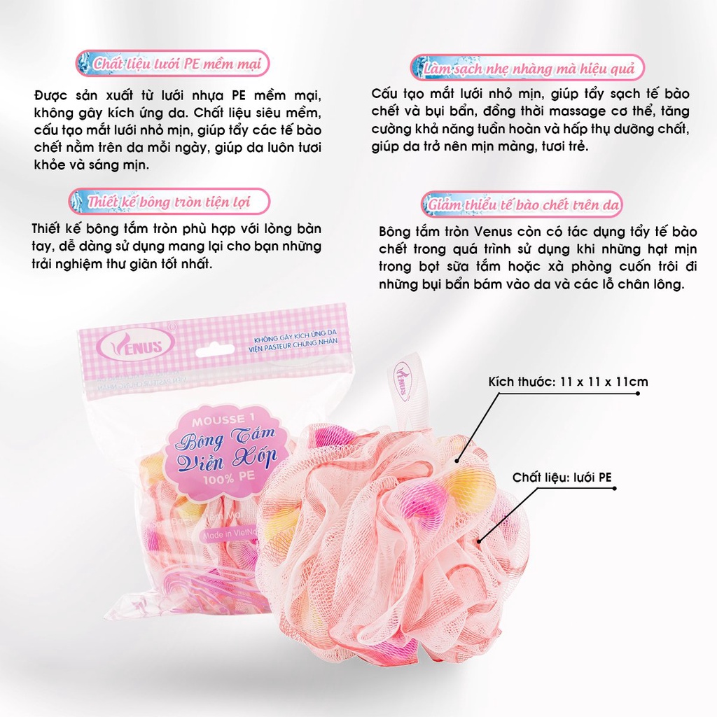 Bông tắm tròn viền xốp Venus Mousse 1-Tạo bọt nhiều, tấy da chết- Giao màu ngẫu nhiên-Vien Dong Sai Gon
