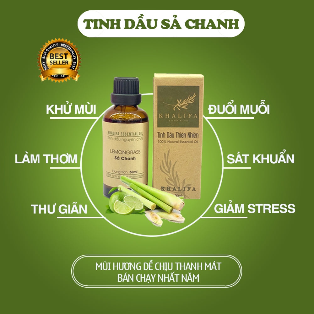 Tinh Dầu Sả Chanh Nguyên Chất Khalifa 50ml Tốt Cho Da Giảm Stress Khử Mùi Chống Say Xe Hàng Chính Hãng