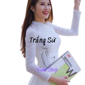 Áo dài trắng học sinh cổ vuông 02 tà LỤA MỸ truyền thống may sẵn