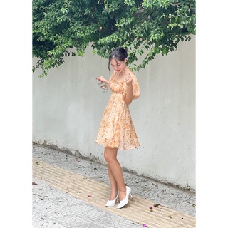 Somee studio Váy tơ hoa cam tay bồng Judy Dress